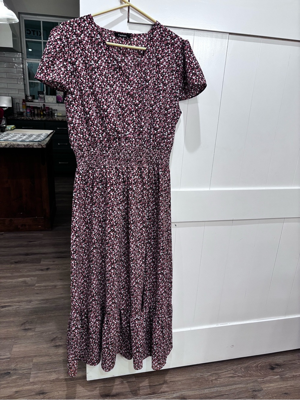 Floral Shirred Waist Midi Dress - Burgundy Pink